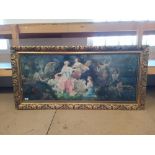 A 1930's framed print depicting nymphs and maidens in a classical garden setting,