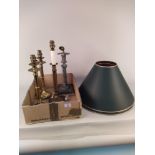 Three brass based table lamps with one other plus two shades