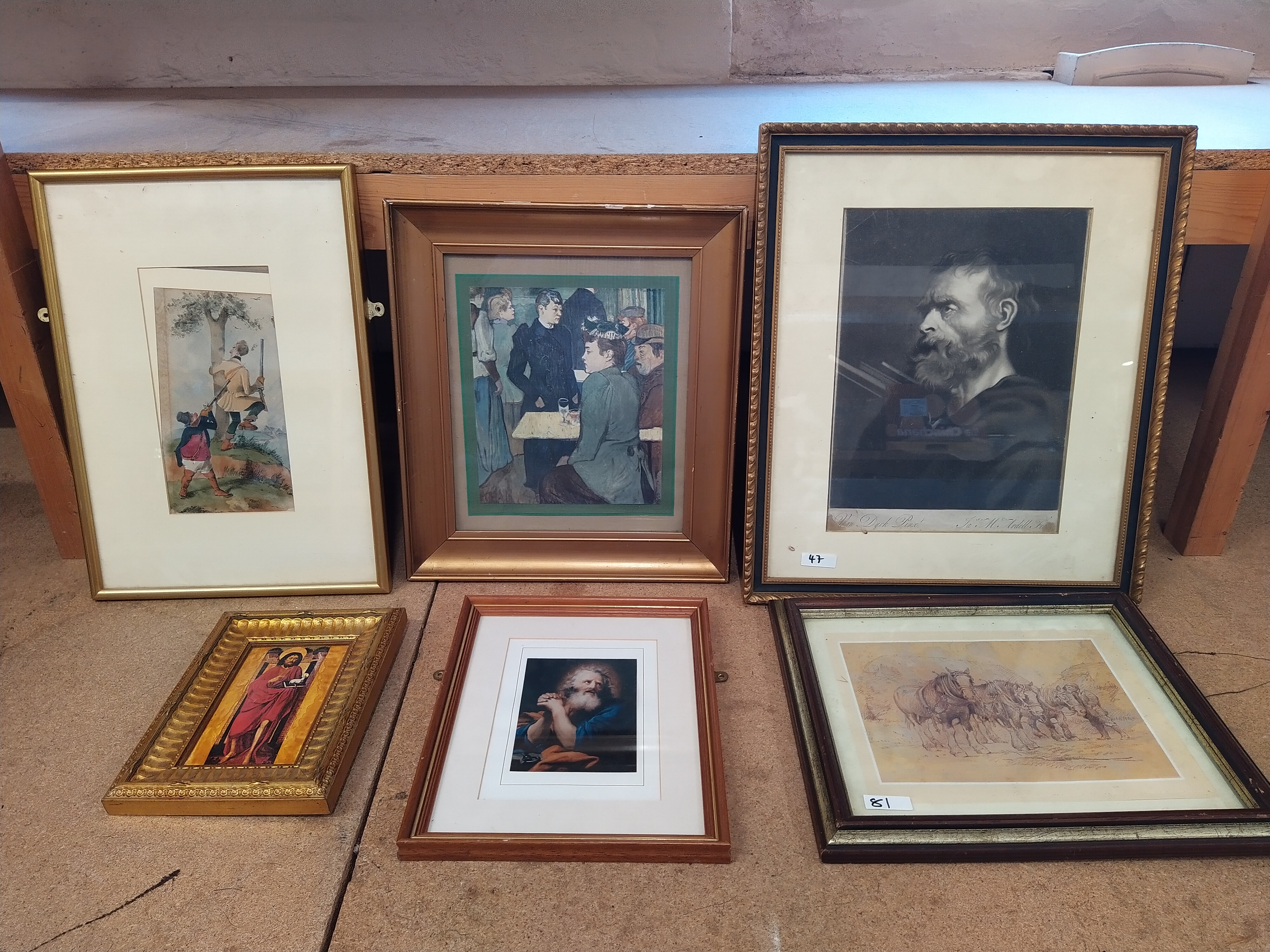 A box of mixed framed prints including religious subjects,