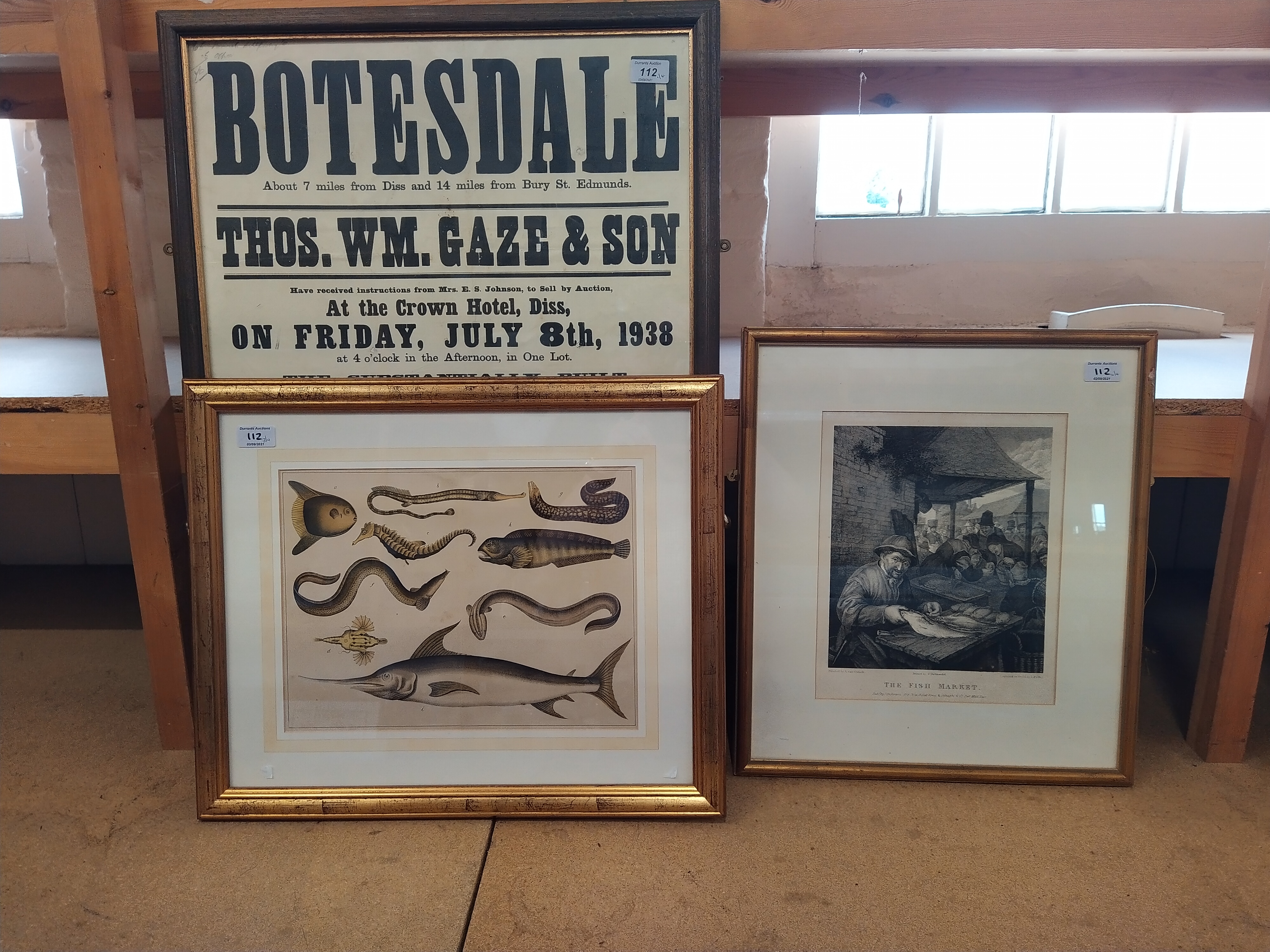 A large framed 1938 Property Auction poster for 'Hamblyn House' Botesdale plus three framed fish - Image 2 of 3