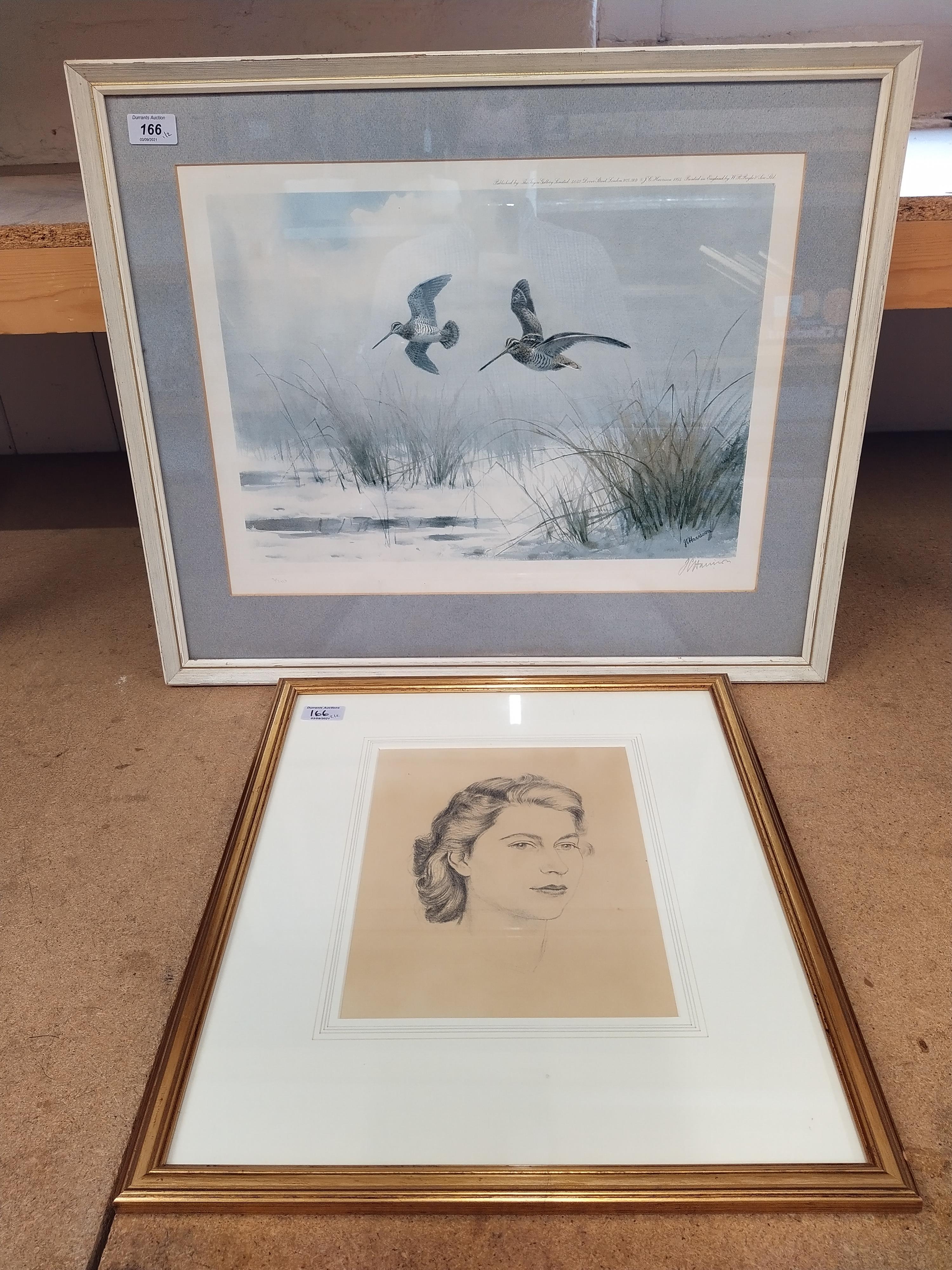 J C Garrison signed print of snipe in flight plus a Peter Scott lithograph 'Portrait of HRH