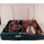 Two boxes of antique copper beer making containers, one marked F W Hall & Son Ltd,