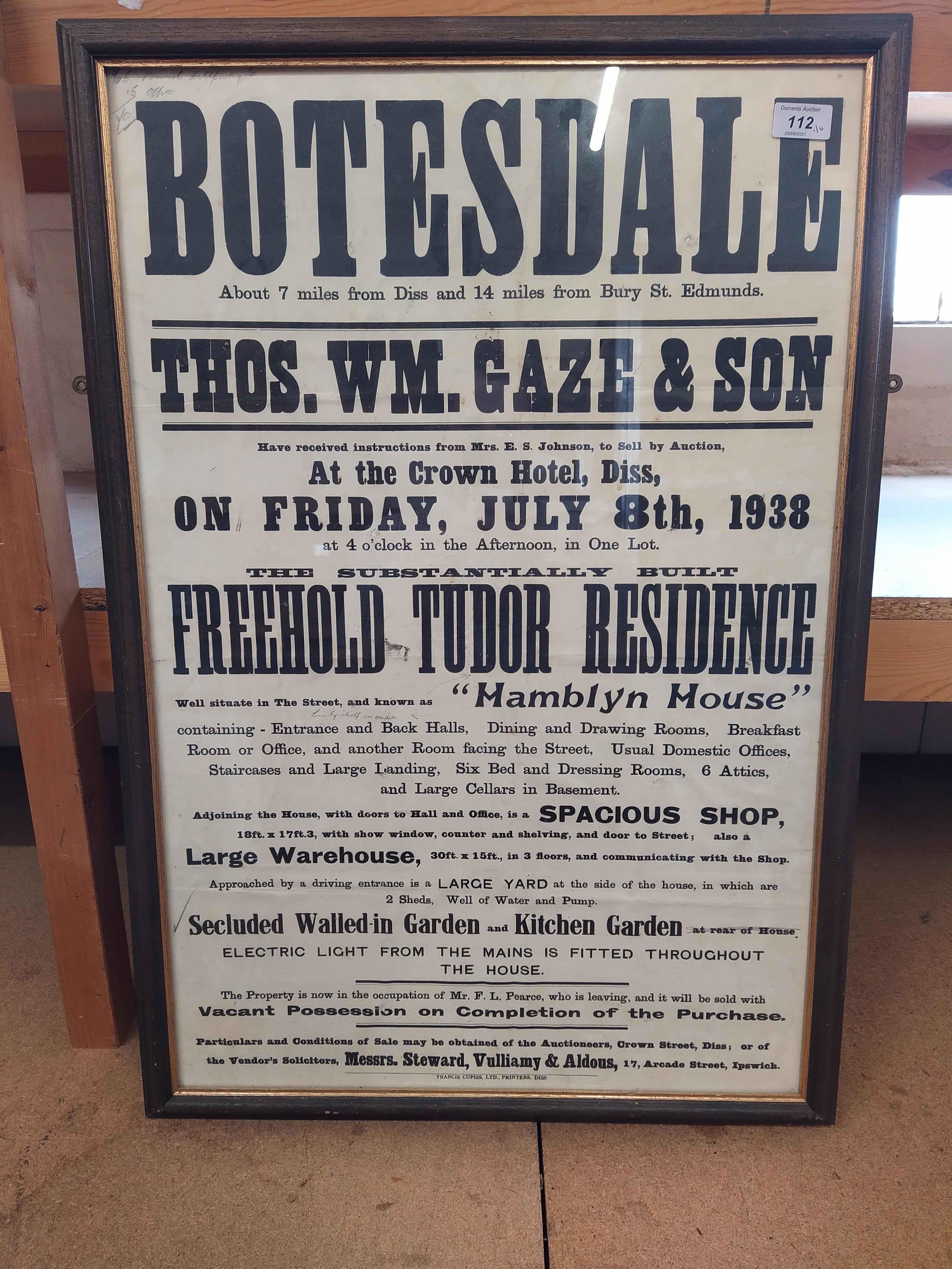 A large framed 1938 Property Auction poster for 'Hamblyn House' Botesdale plus three framed fish - Image 3 of 3