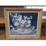 A large framed watercolour of a still life of flowers,