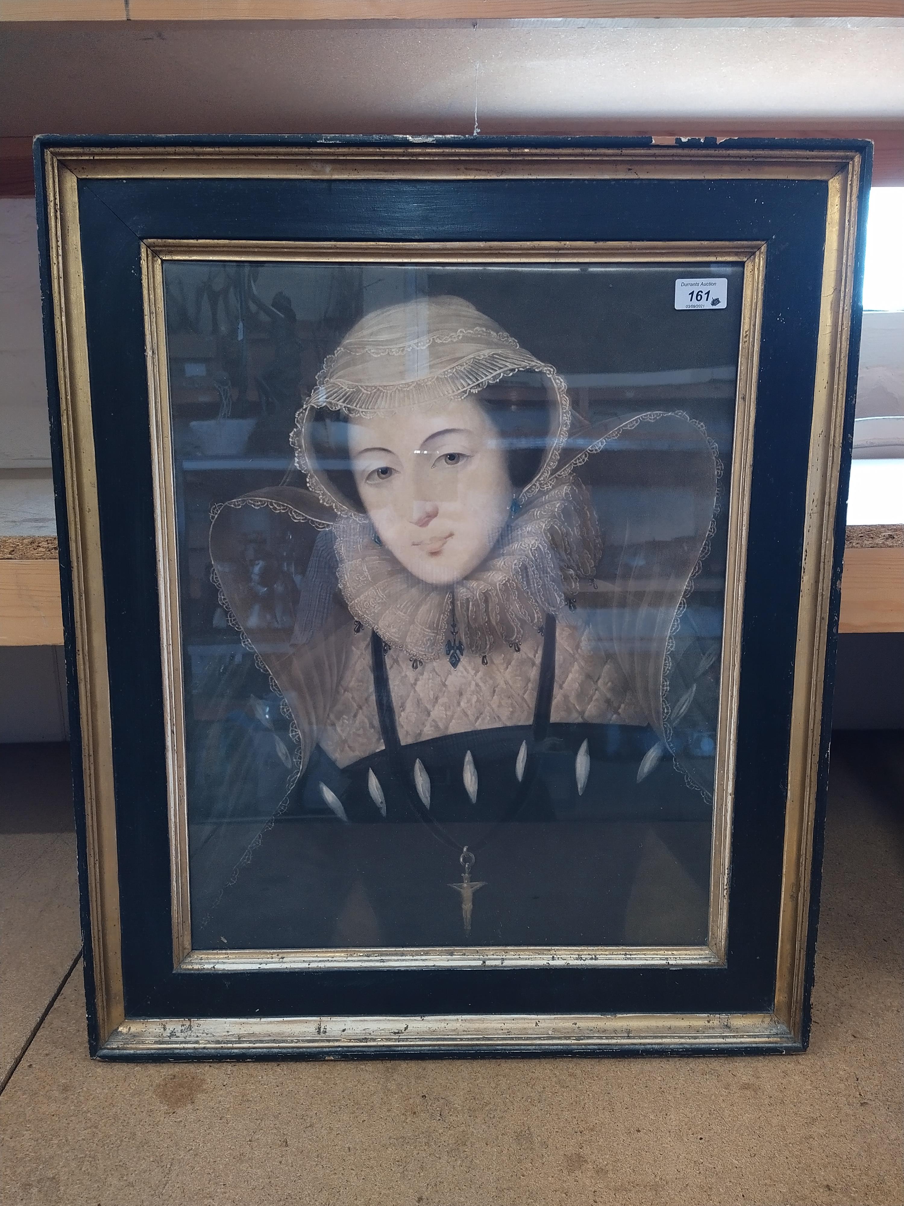 A large framed print of a woman in Elizabethan dress,