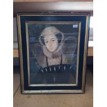A large framed print of a woman in Elizabethan dress,