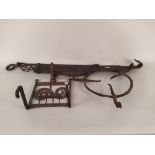 An antique fireside toasting or roasting adjustable jack plus an antique large pan holder and a