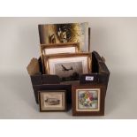 A small box of mixed pictures including a pair of unsigned oils on board of still life,
