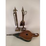 Two brass part fire companion sets plus a set of vintage wood bellows