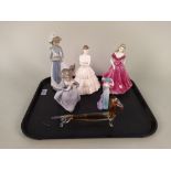 A Coalport figurine 'Belinda' plus 'Anthea' and a smaller 'Anita' with two Nao figures of girls and