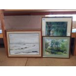 Four framed watercolours, various artists including Audrey Miller wall and forest scene,