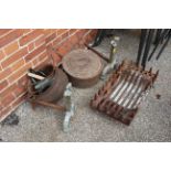 Assorted metal wares including a pair of brass and iron fire dogs