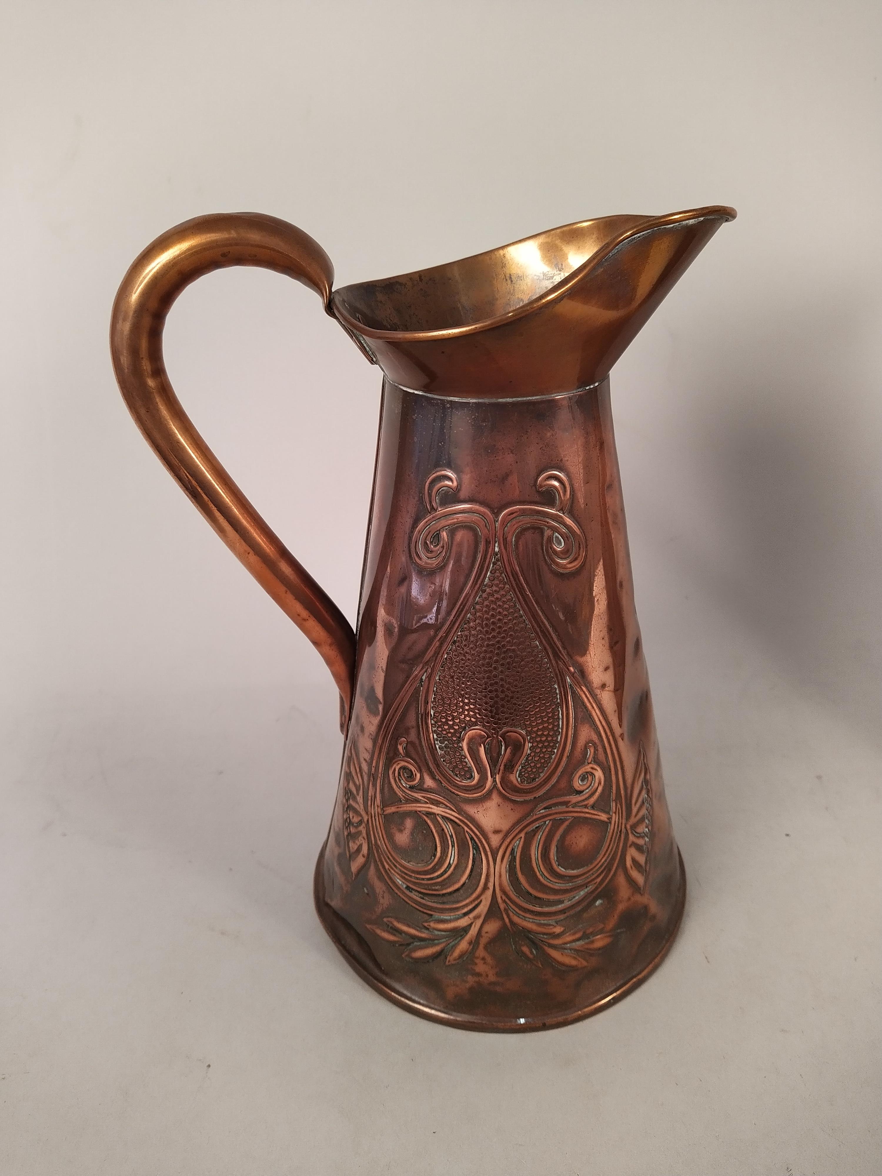Three decorative Art Nouveau period copper jugs, the tallest marked JS&S (Joseph Sankey & Sons), - Image 3 of 3