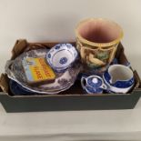 A box of mixed Victorian blue and white wares etc,