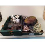 Two boxes of mixed items including collectors advertising tins, Victorian china, Campari glasses,