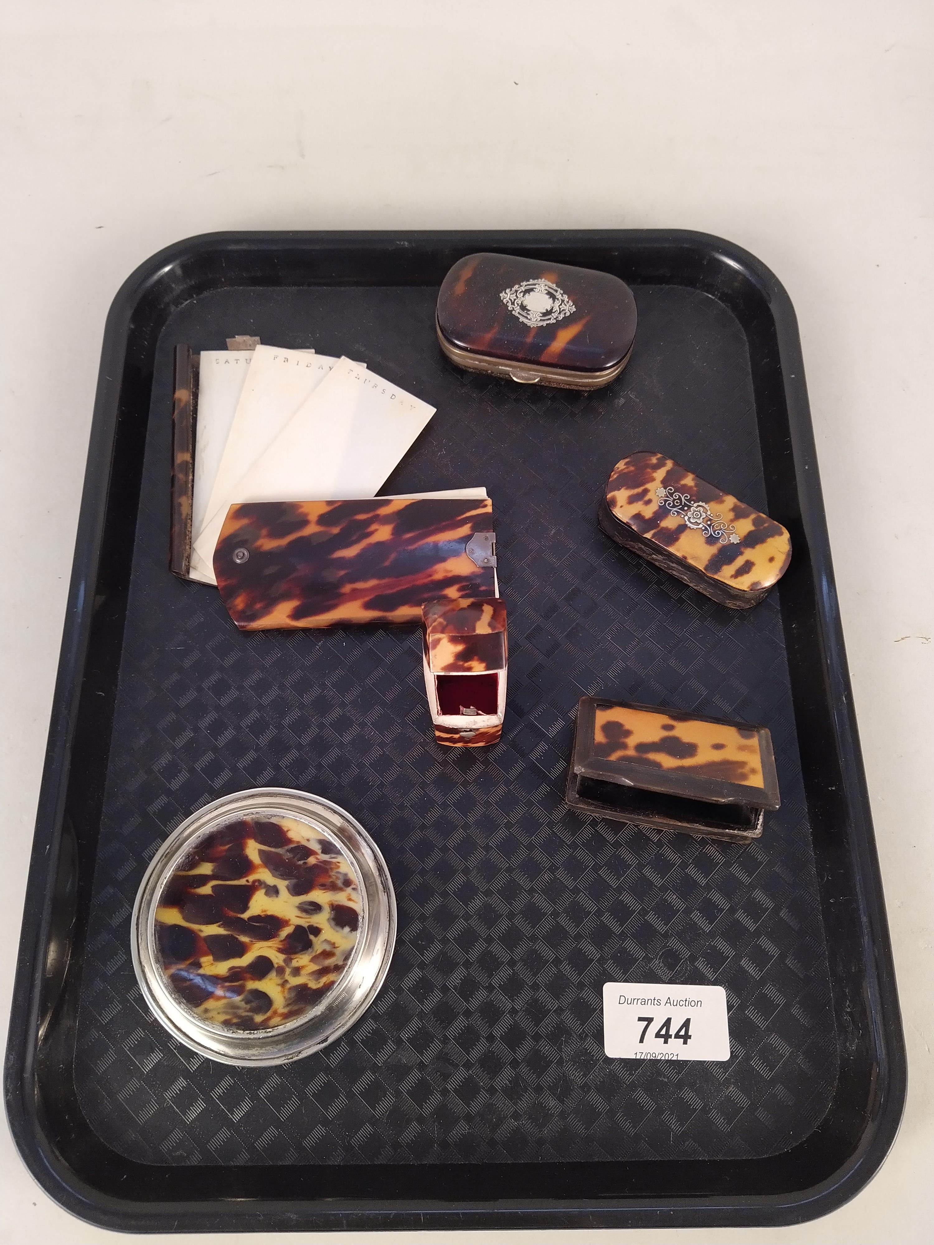 A good selection of antique tortoiseshell wares in snuff boxes, toothpick box, daily notebook,