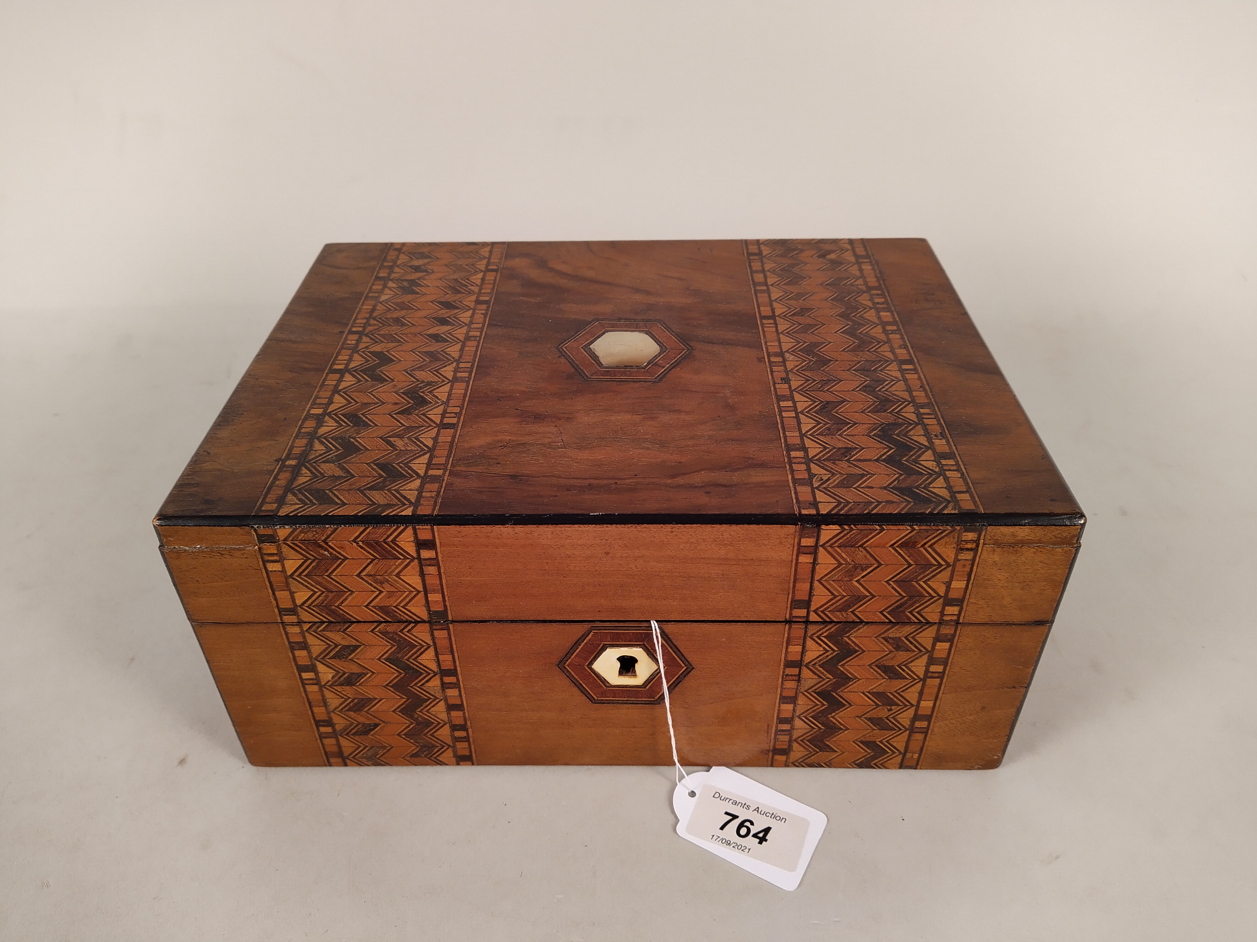 A marquetry inlaid sewing box, the interior is blue velvet and fitted with lift out tray, - Image 3 of 3