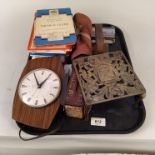 A Norwich Railway Mission collecting box, a brass trivet, vintage vets horse hoof tools,