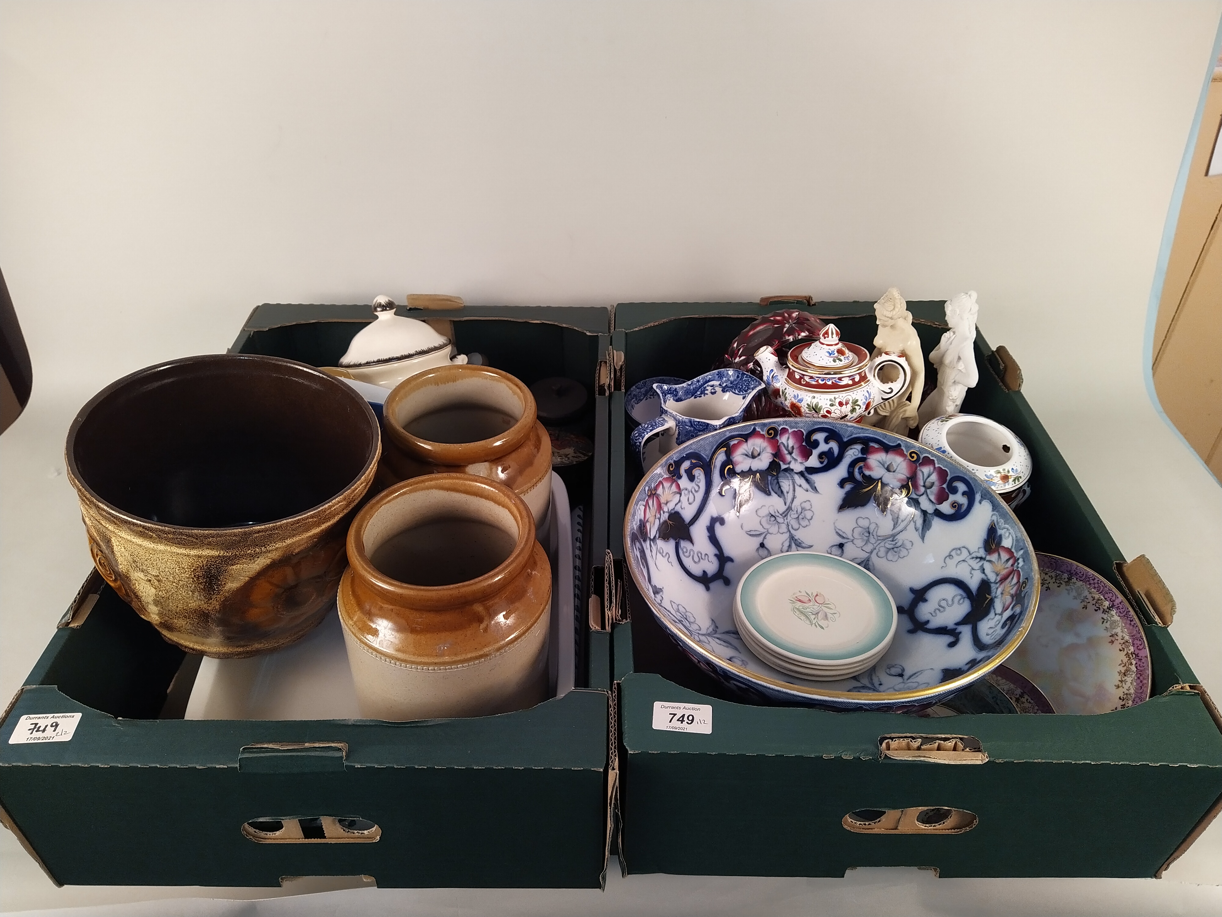 Two boxes of mixed ceramics and glass including a very large Victorian bowl, Spode Italian jug,