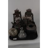 Three vintage tilly lamps plus a blow torch,