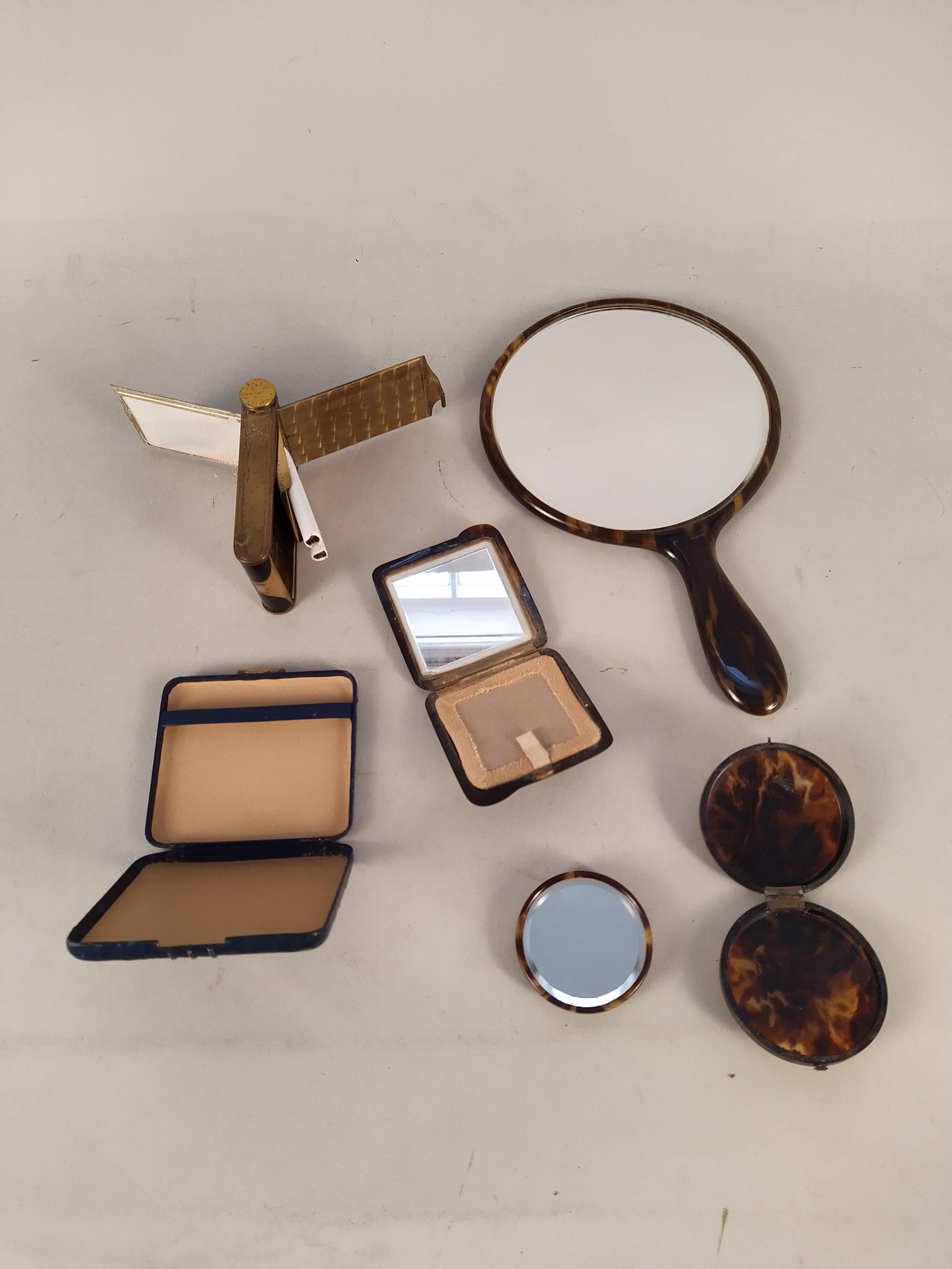 A selection of faux tortoiseshell items including hand mirror, powder compacts, jewellery, - Image 2 of 3