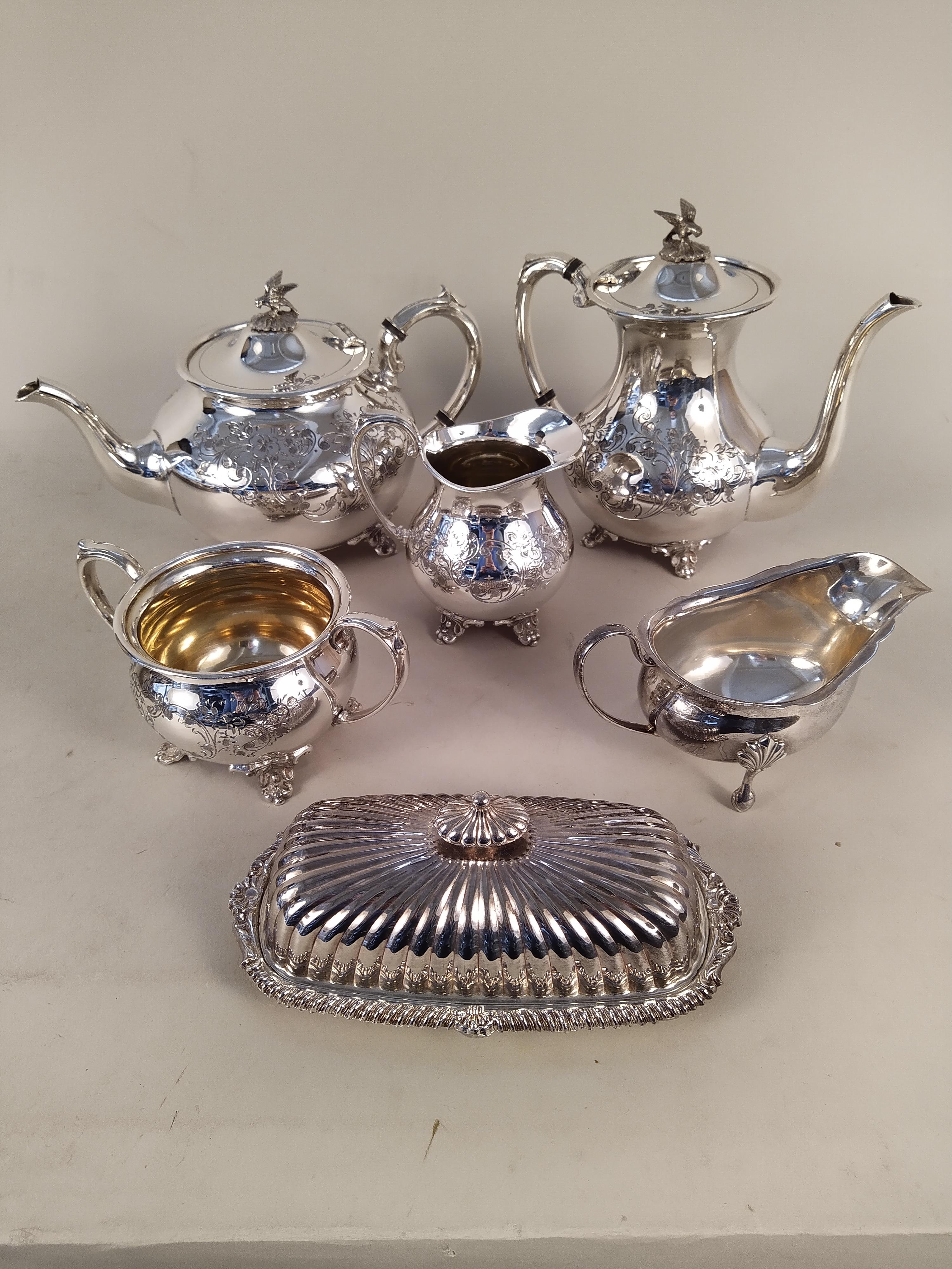 Two large silver plated gallery trays plus a four piece tea set and lidded butter dish - Image 2 of 3