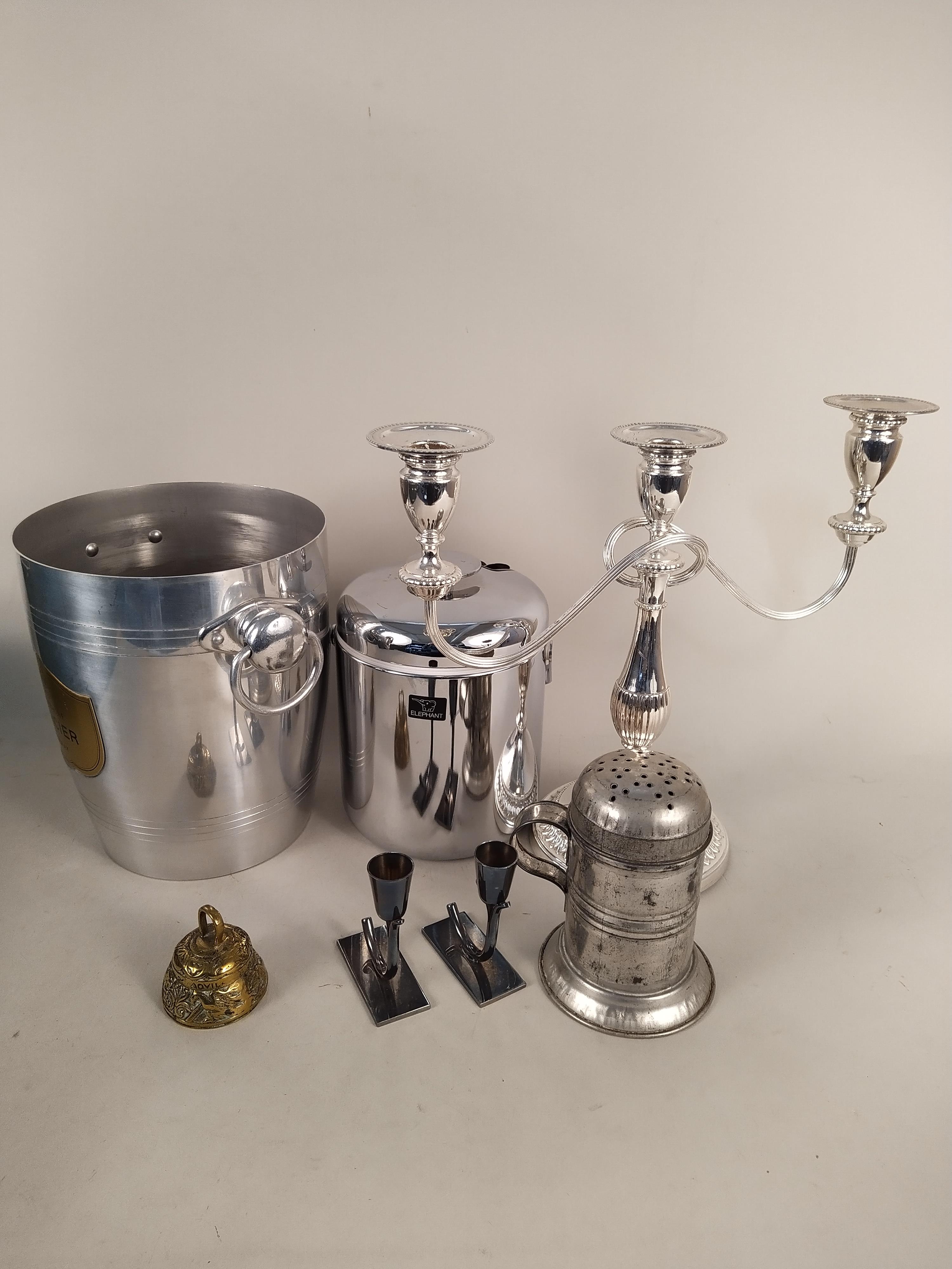 A box of mixed metal wares including champagne ice bucket, plated candelabra, - Image 3 of 3