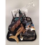 A collection of animal ornaments including Beswick horses, Ens Kingfishers,