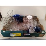 Two boxes of glassware including blue glass overlayed lemonade set, sets of sundae glasses,