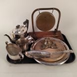 A brass gong on wood stand plus a three piece plated tea set,