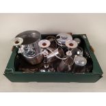 A box of mixed metal wares including champagne ice bucket, plated candelabra,