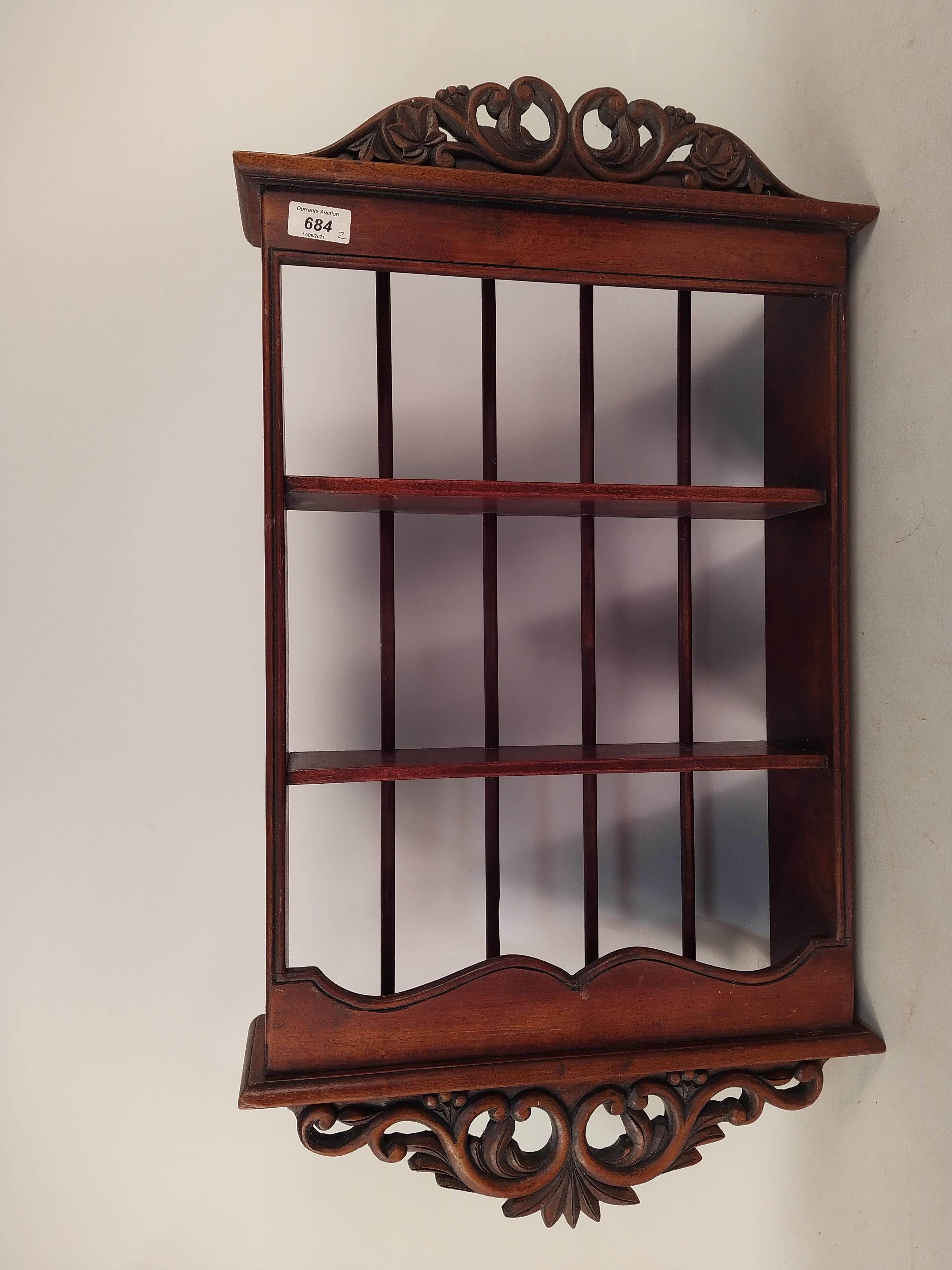 A pair of small mahogany hanging shelves with carved pierced cresting - Image 2 of 3