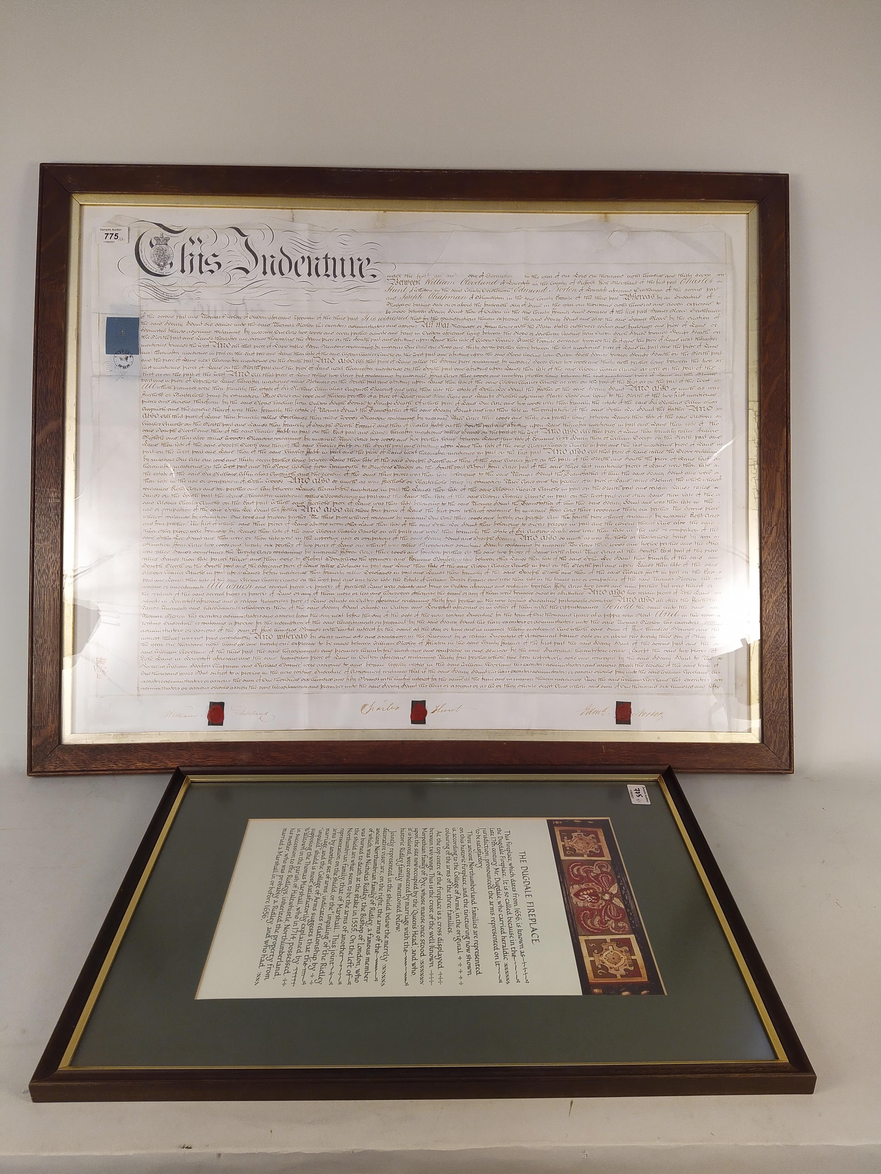 A large framed early Victorian (1836) indenture, VR stamp with three wax seals,