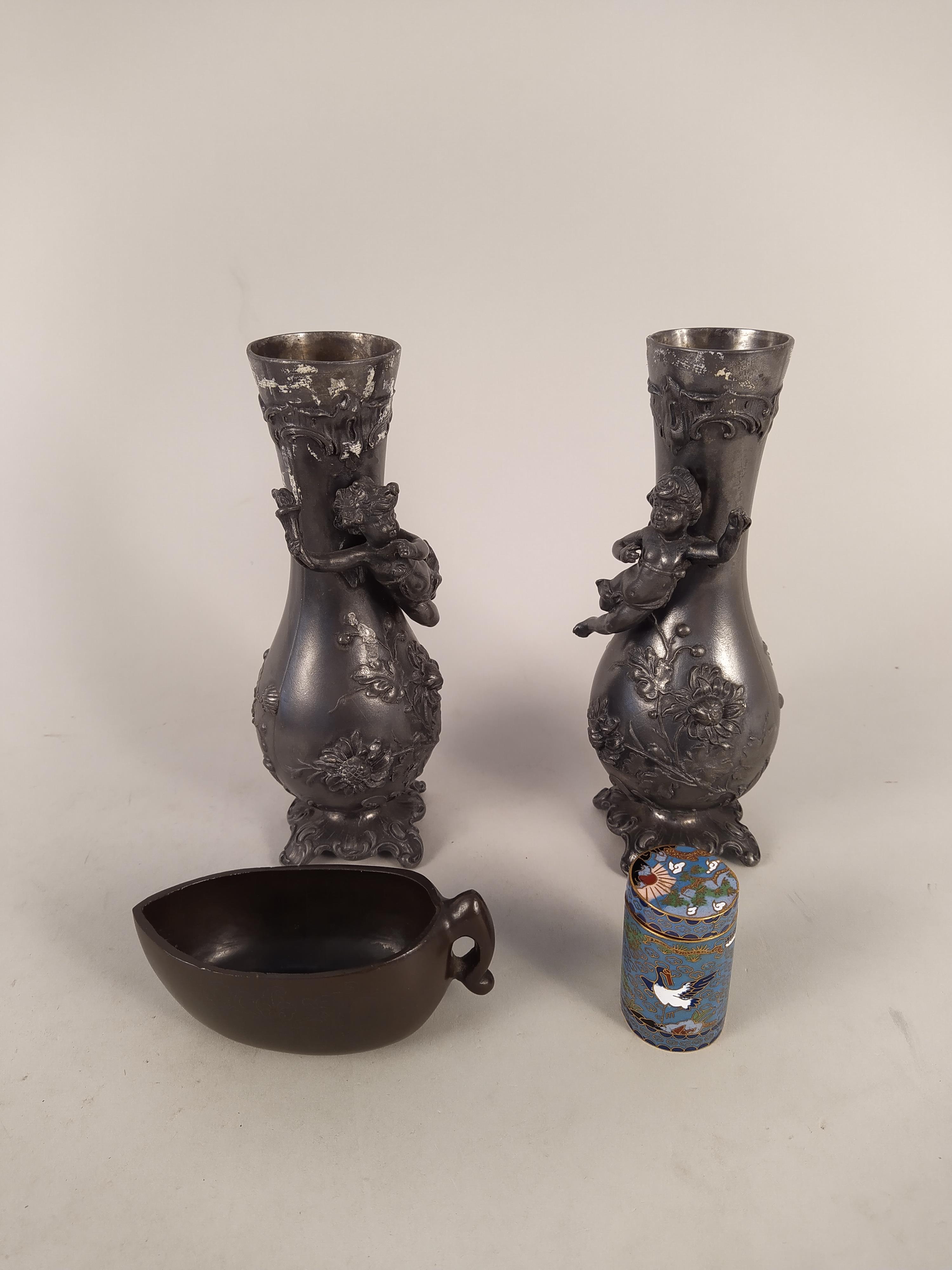 A pair of WMF pewter cherub vases, brass grinder, - Image 2 of 3