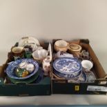 Two boxes of mixed ceramics including blue and white footed stands,