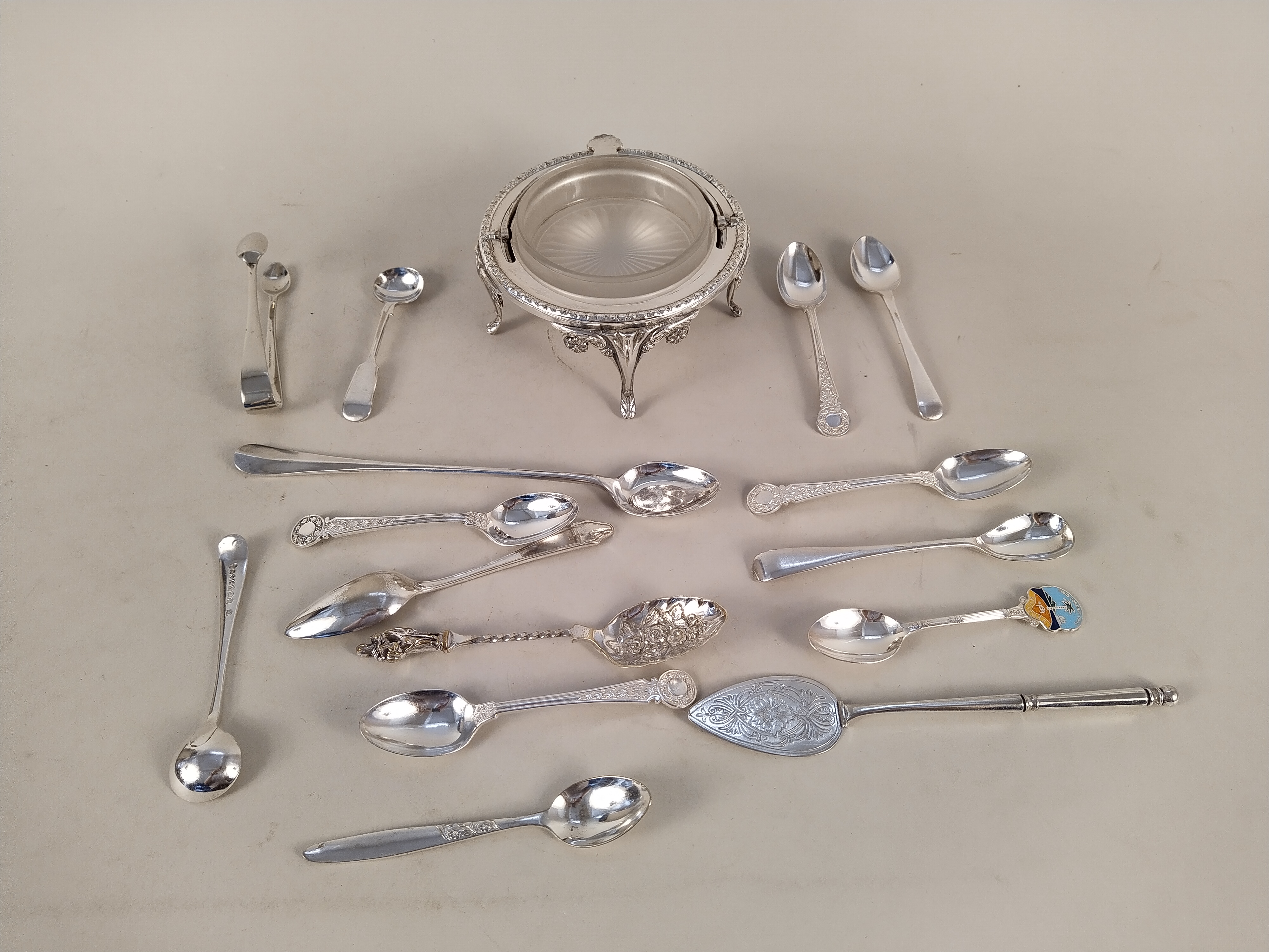 A large silver plated serving tray plus various plated flatware, - Image 3 of 3