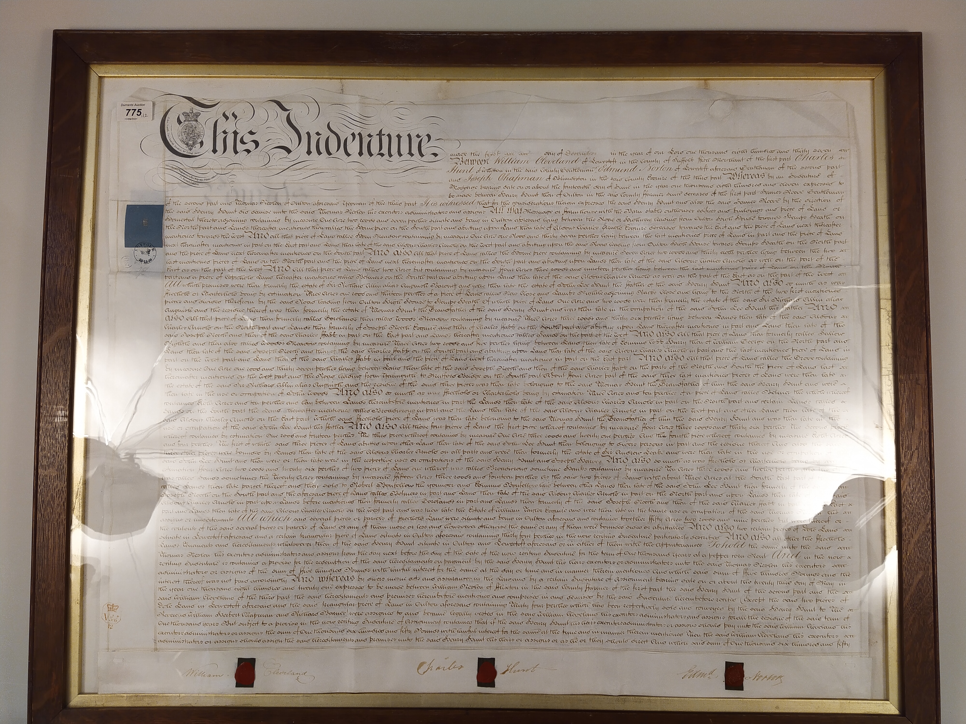 A large framed early Victorian (1836) indenture, VR stamp with three wax seals, - Image 2 of 3