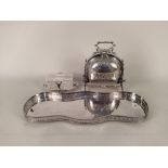A silver plated pierced gallery tray plus an Elkington plated lidded butter dish with diamond