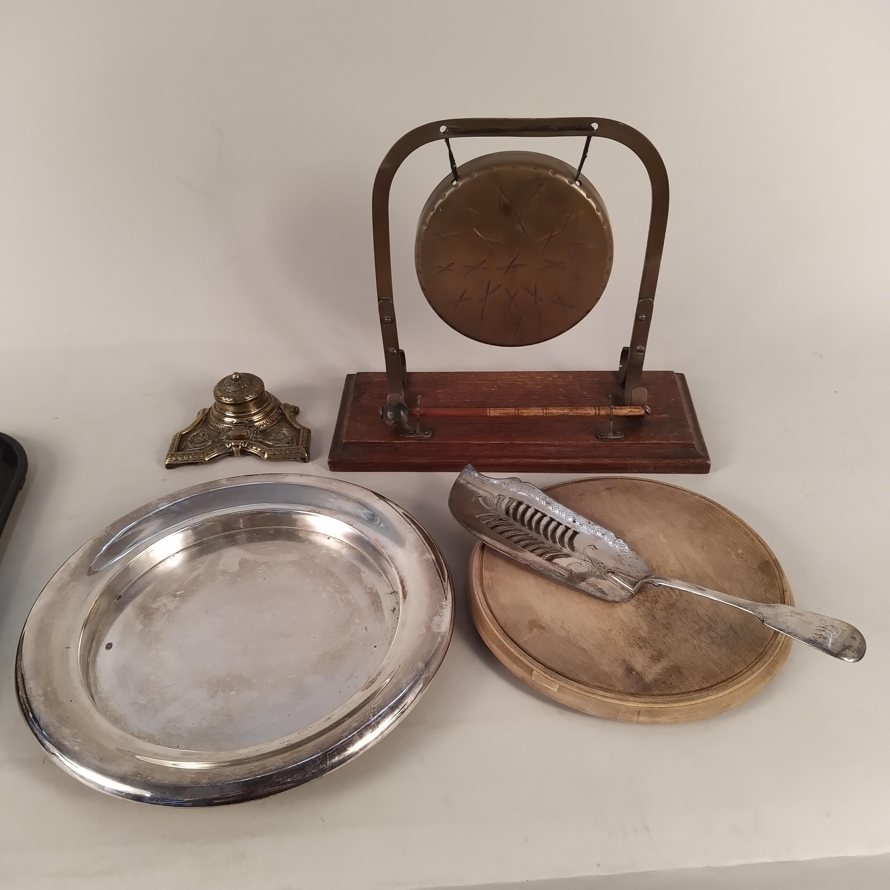 A brass gong on wood stand plus a three piece plated tea set, - Image 2 of 3