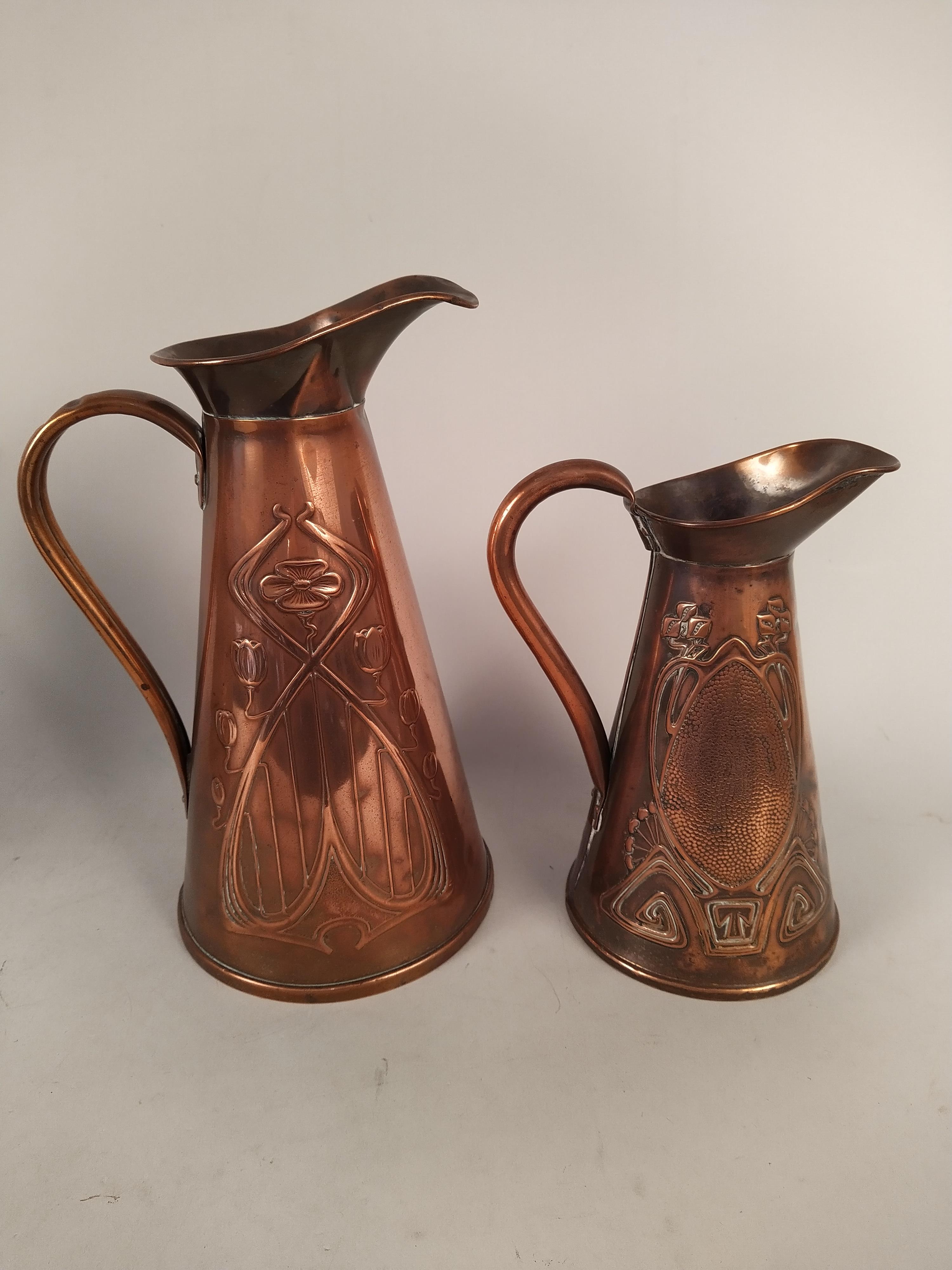 Three decorative Art Nouveau period copper jugs, the tallest marked JS&S (Joseph Sankey & Sons), - Image 2 of 3