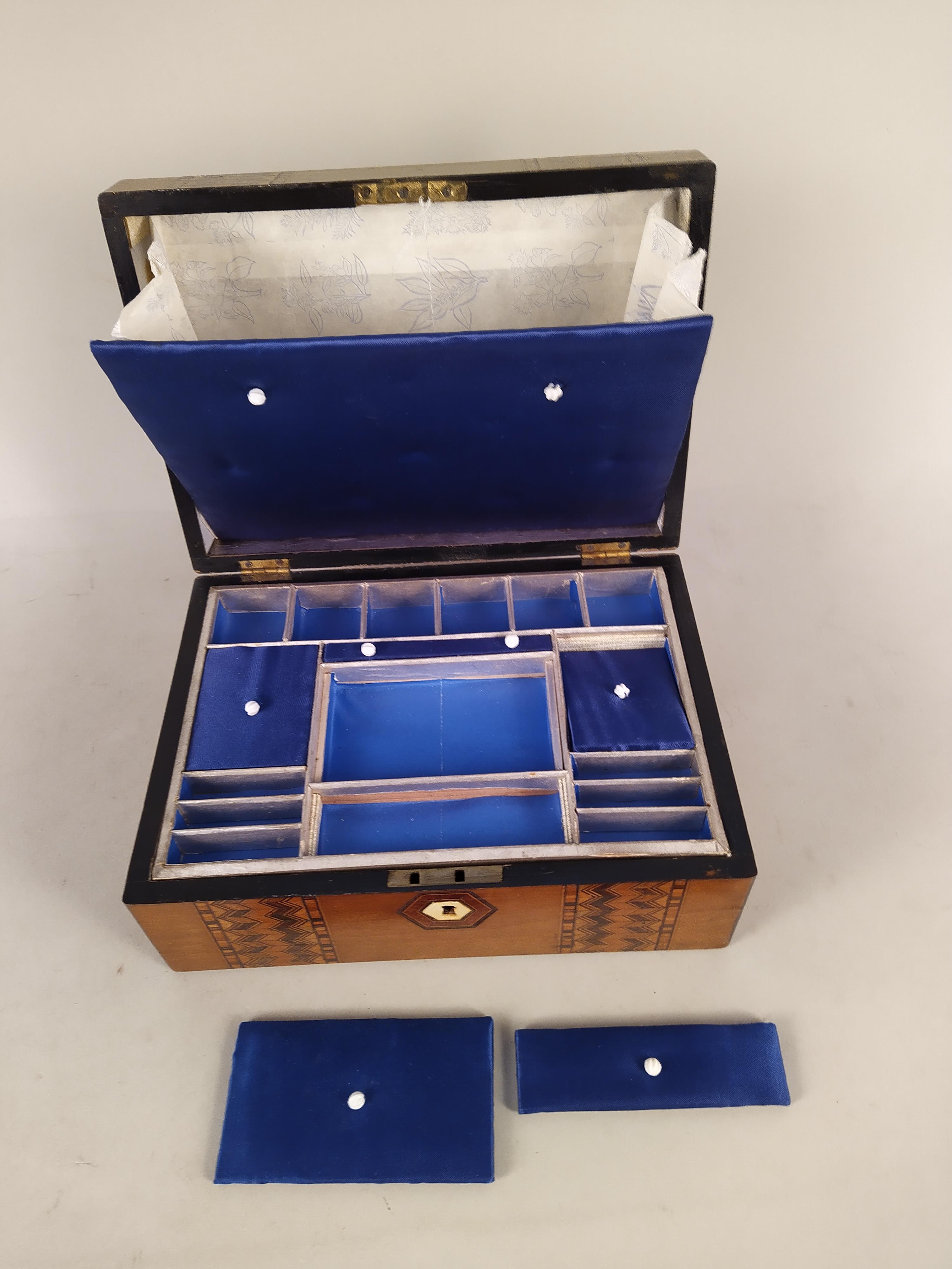 A marquetry inlaid sewing box, the interior is blue velvet and fitted with lift out tray, - Image 2 of 3