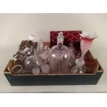 Mixed glassware including cranberry vintage Apothecary bottle plus a Scandinavian vase