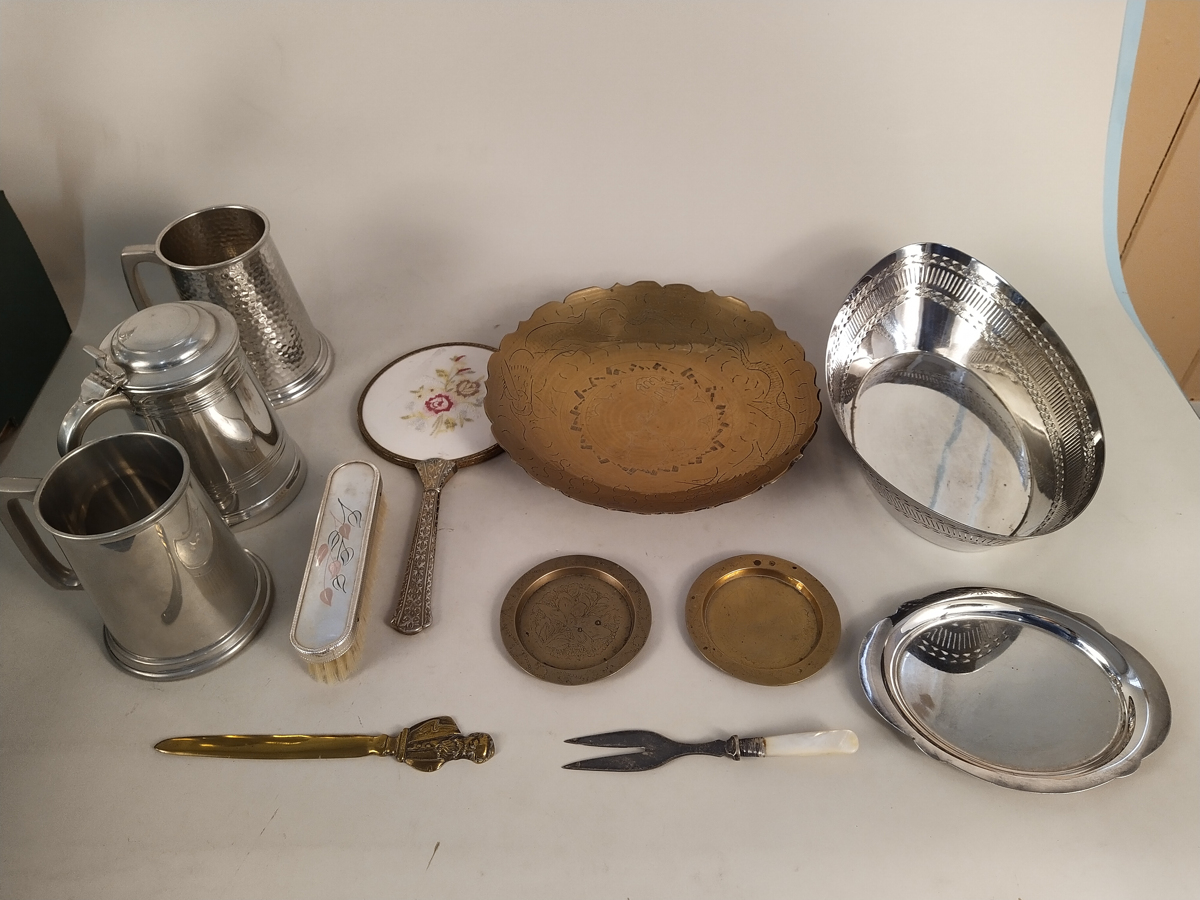 A box of mixed metal wares including champagne ice bucket, plated candelabra, - Image 2 of 3