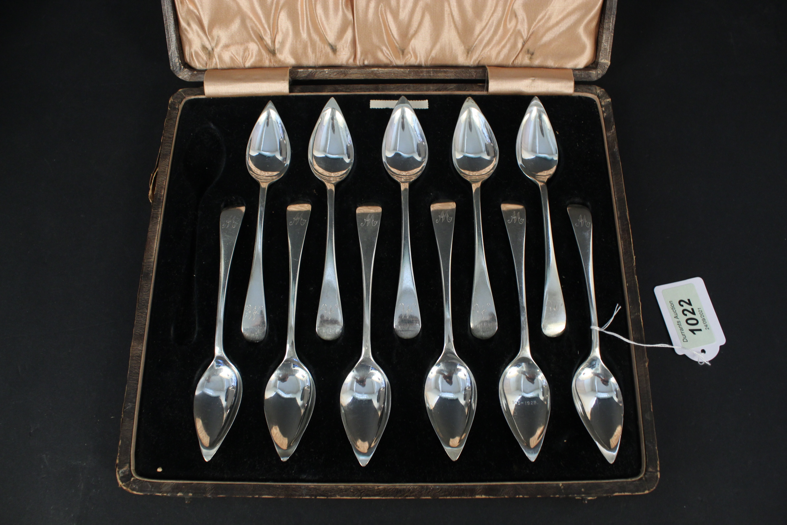 Eleven (of twelve) silver grapefruit spoons in original case, each spoon engraved with initial, - Image 2 of 3