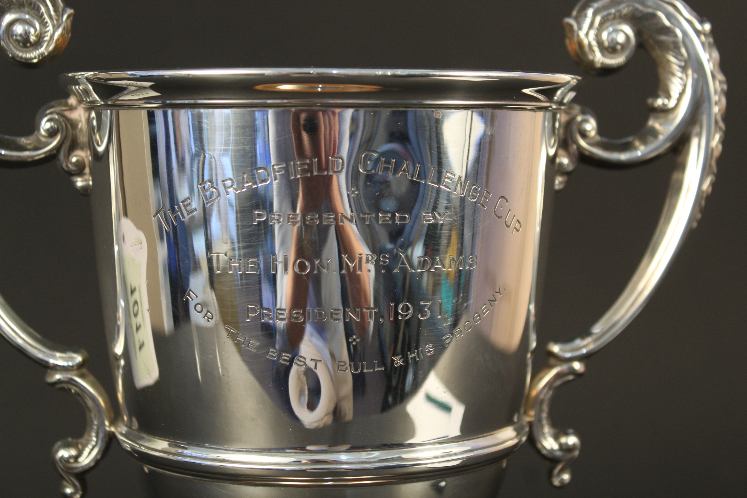 A silver two handled trophy cup with presentation inscription with wooden base, - Image 2 of 3