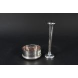 A modern silver coaster with turned wood base, dia 3 1/2" plus a modern silver bud vase,