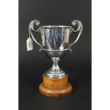 A silver two handled trophy cup with presentation inscription with wooden base,