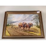 A John Constable Reeve signed oil on board of heavy horses ploughing,