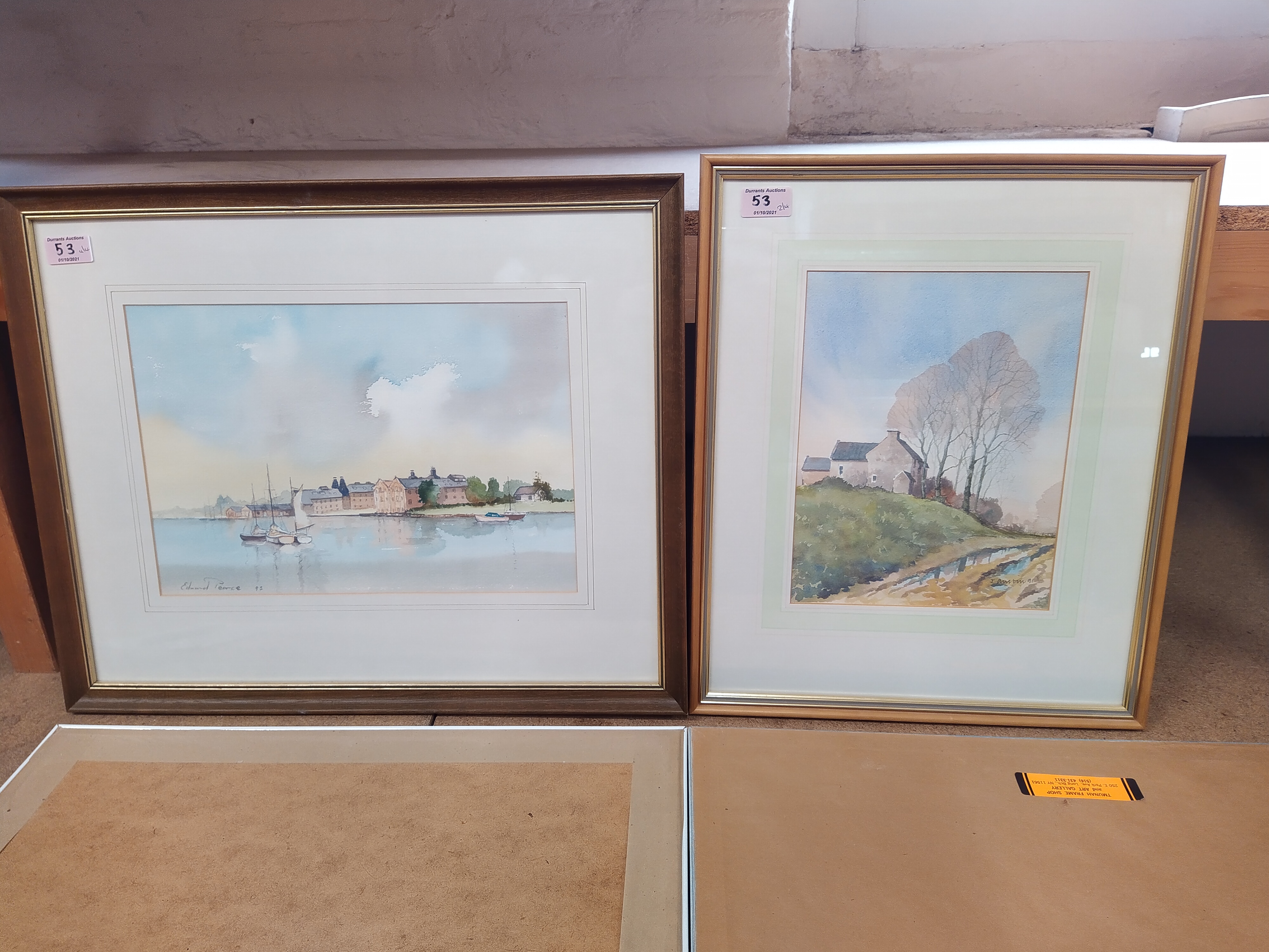 Four watercolours including Edward Pearce of Oulton Broad, 35cm x 24cm together with a tram car, J. - Image 2 of 3