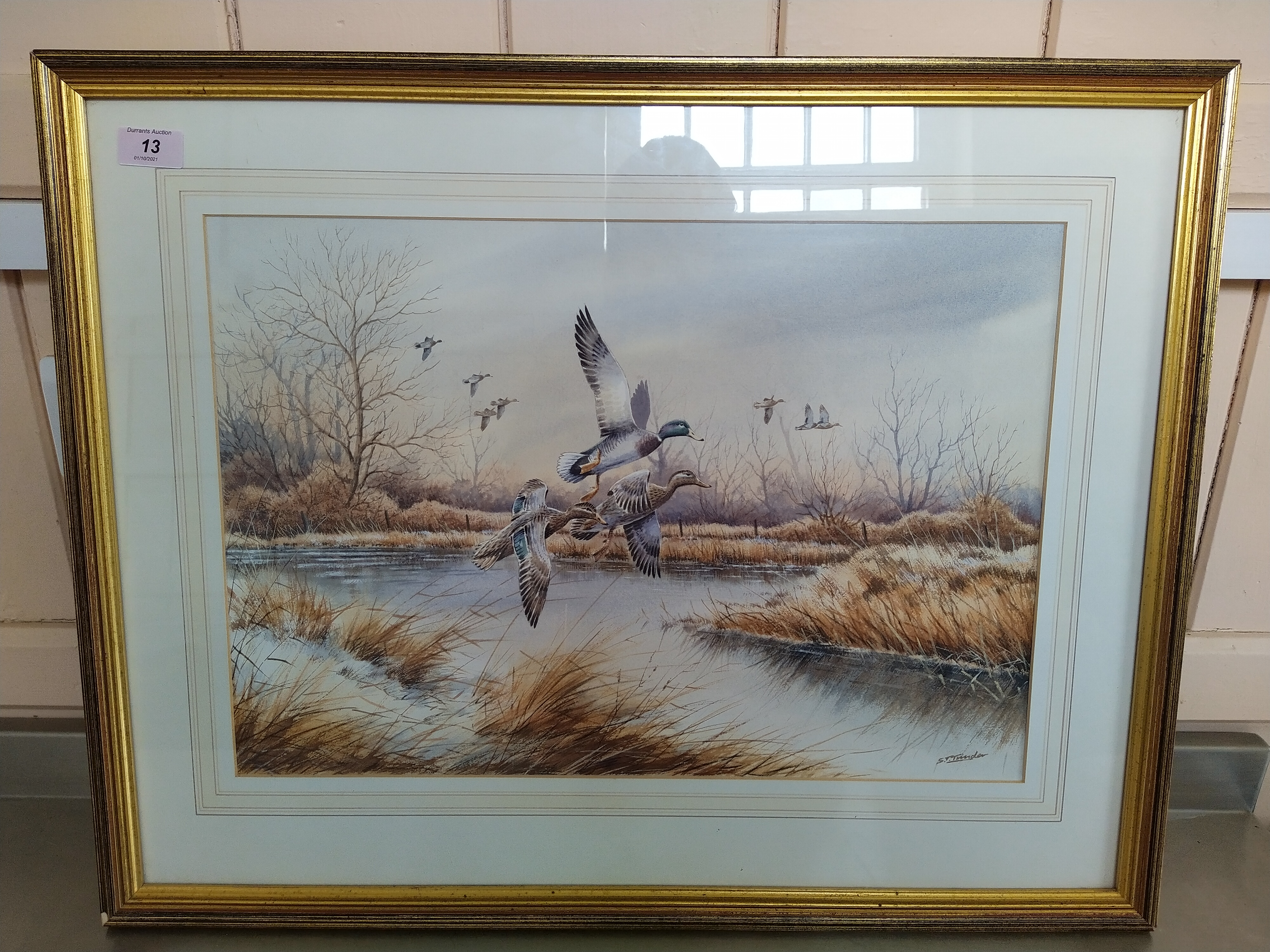 Simon T Trinder watercolour "Three Mallards" in flight in autumnal river scene,